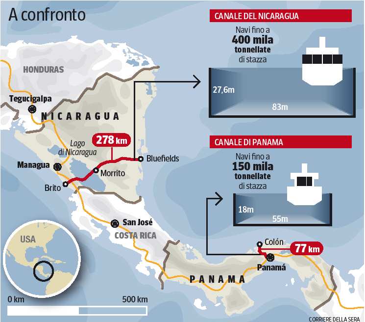 Проект никарагуанского канала на карте